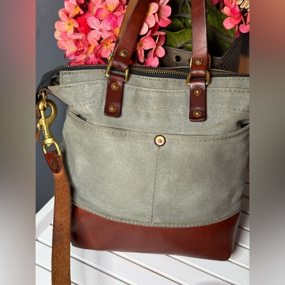 NORTH END Bag Co Gray Canvas Brown Leather Large Crossbody Shoulder Bag Vtg Boho - Picture 6 of 6